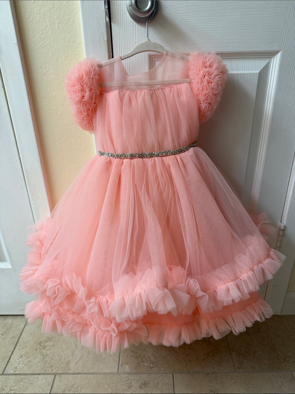 Sparkling Peach Pink Tulle Party Dress for Girls 2T